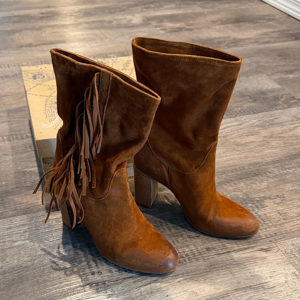 Free People Tan Suede Fringe Heeled Boots